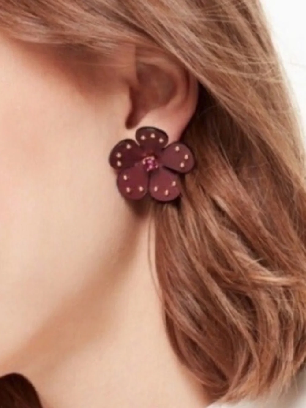 Kate Spade flower earrings. Burgundy leather with pink crystal centers. New!